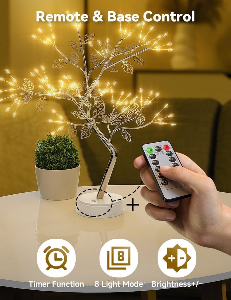 WAROUS LED Dekolicht LED Lichterbaum 108 LEDs, 8 Modi, dimmbar, Timer, USB/Batterie, LED, fest verbaut, Warmweiß, Fernbedienung, dimmbar, 8 Modi, Timerfunktion – Bild 3 von 5