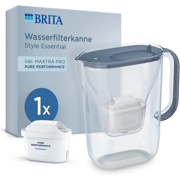 BRITA Wasserfilter Kanne Style Essential inkl. 1x BRITA MAXTRA PRO Pure Performance, Filterkanne mit Filterwechselanzeige, reduziert Verunreinigungen