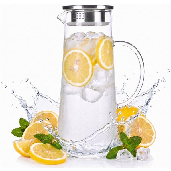 Dimono Wasserkaraffe Dimono Wasserkaraffe 1,5L – Glas Wasserkrug mit Edelstahlfilter, (1,5 Liter, Glas-Krug), Getränkekaraffe für heißes & kaltes Wasser