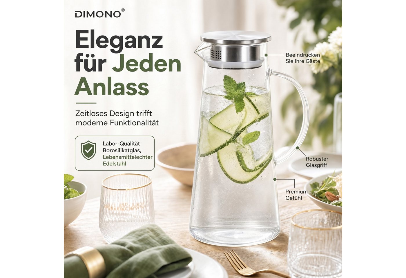 Dimono Wasserkaraffe Dimono Wasserkaraffe 1,5L – Glas Wasserkrug mit Edelstahlfilter, (1,5 Liter, Glas-Krug), Getränkekaraffe für heißes & kaltes Wasser – Bild 2 von 5