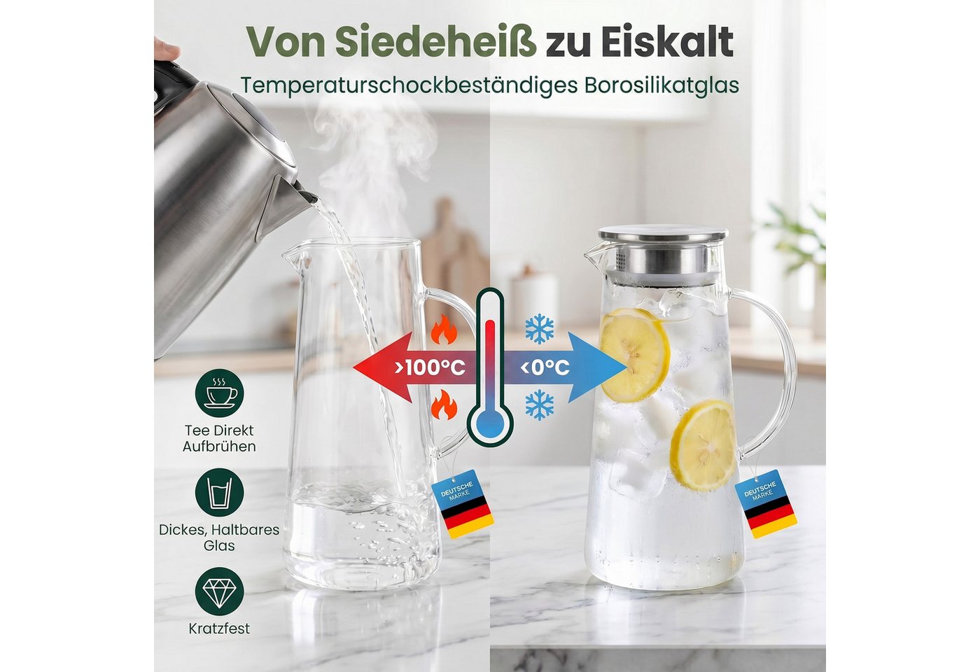 Dimono Wasserkaraffe Dimono Wasserkaraffe 1,5L – Glas Wasserkrug mit Edelstahlfilter, (1,5 Liter, Glas-Krug), Getränkekaraffe für heißes & kaltes Wasser – Bild 3 von 5