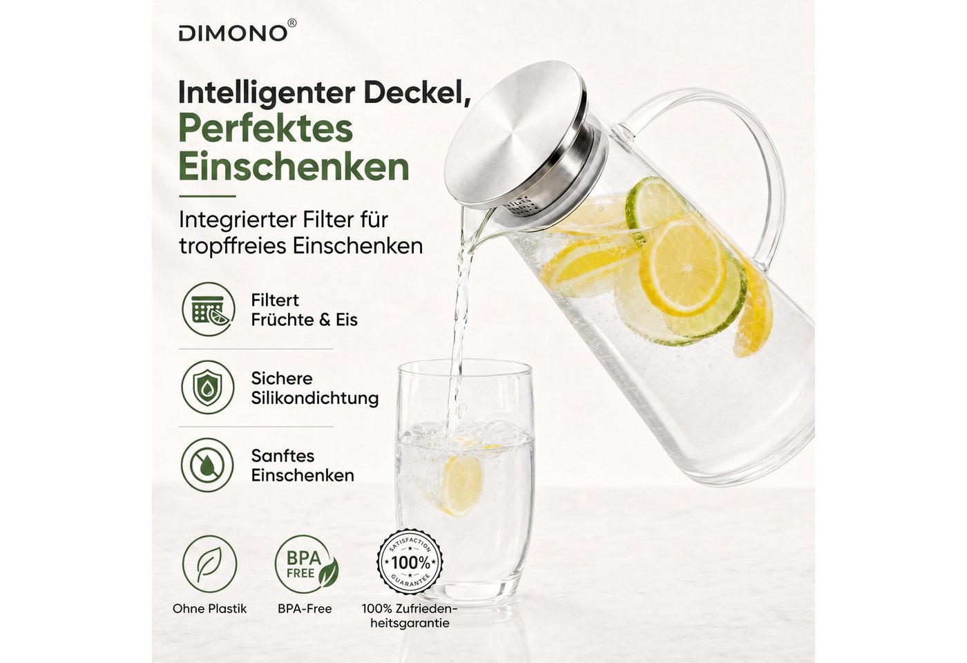 Dimono Wasserkaraffe Dimono Wasserkaraffe 1,5L – Glas Wasserkrug mit Edelstahlfilter, (1,5 Liter, Glas-Krug), Getränkekaraffe für heißes & kaltes Wasser – Bild 4 von 5