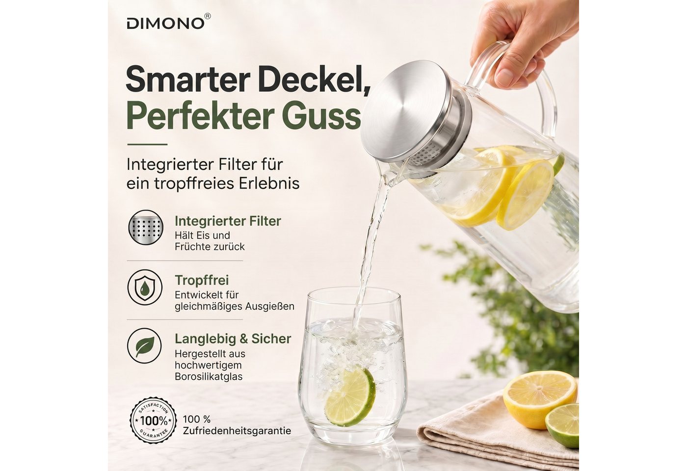 Dimono Wasserkaraffe Dimono Wasserkaraffe 1,5L – Glas Wasserkrug mit Edelstahlfilter, (1,5 Liter, Glas-Krug), Getränkekaraffe für heißes & kaltes Wasser – Bild 5 von 5