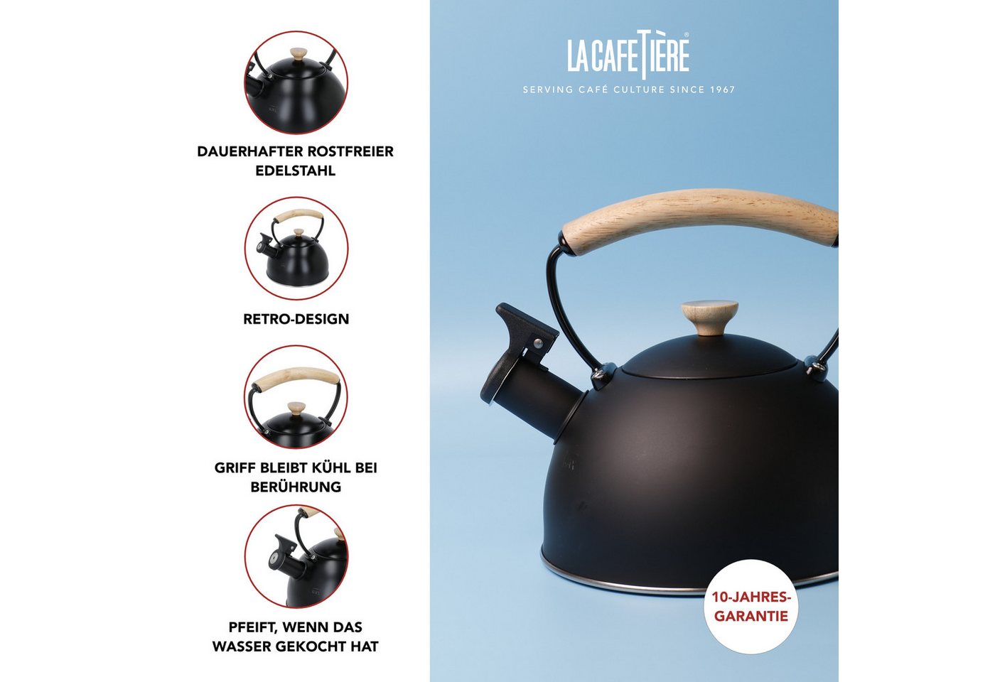 La Cafetière Wasserkessel La Cafetière, Edelstahl 18/10 (1-tlg), pfeifend, mit Holzgriff, 1,6 Liter, Induktion – Bild 5 von 5