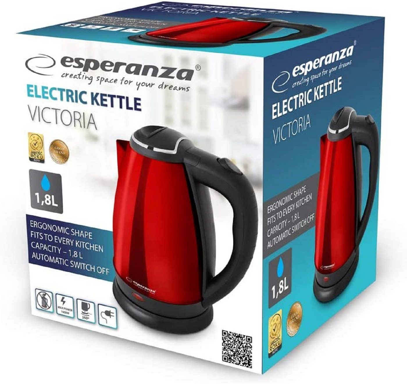 Esperanza Wasserkocher Esperanza Wasserkocher 1,8 l, 1800W Rot, Kunststoff, Edelstahl, 1,8 l, 1800,00 W, Kunststoff, Edelstahl & Automatische Abschaltung – Bild 2 von 2