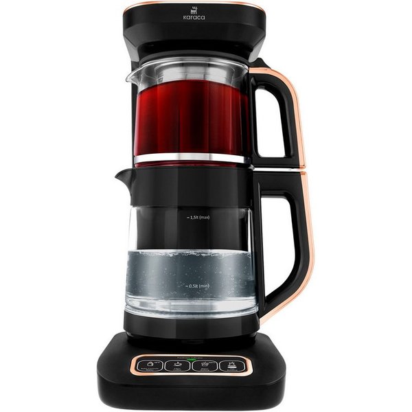 Karaca Wasserkocher Karaca Robotea Pro 4in1 Teekocher + Kaffeemaschine,Glas Schwarz Kupfer, 2500 W