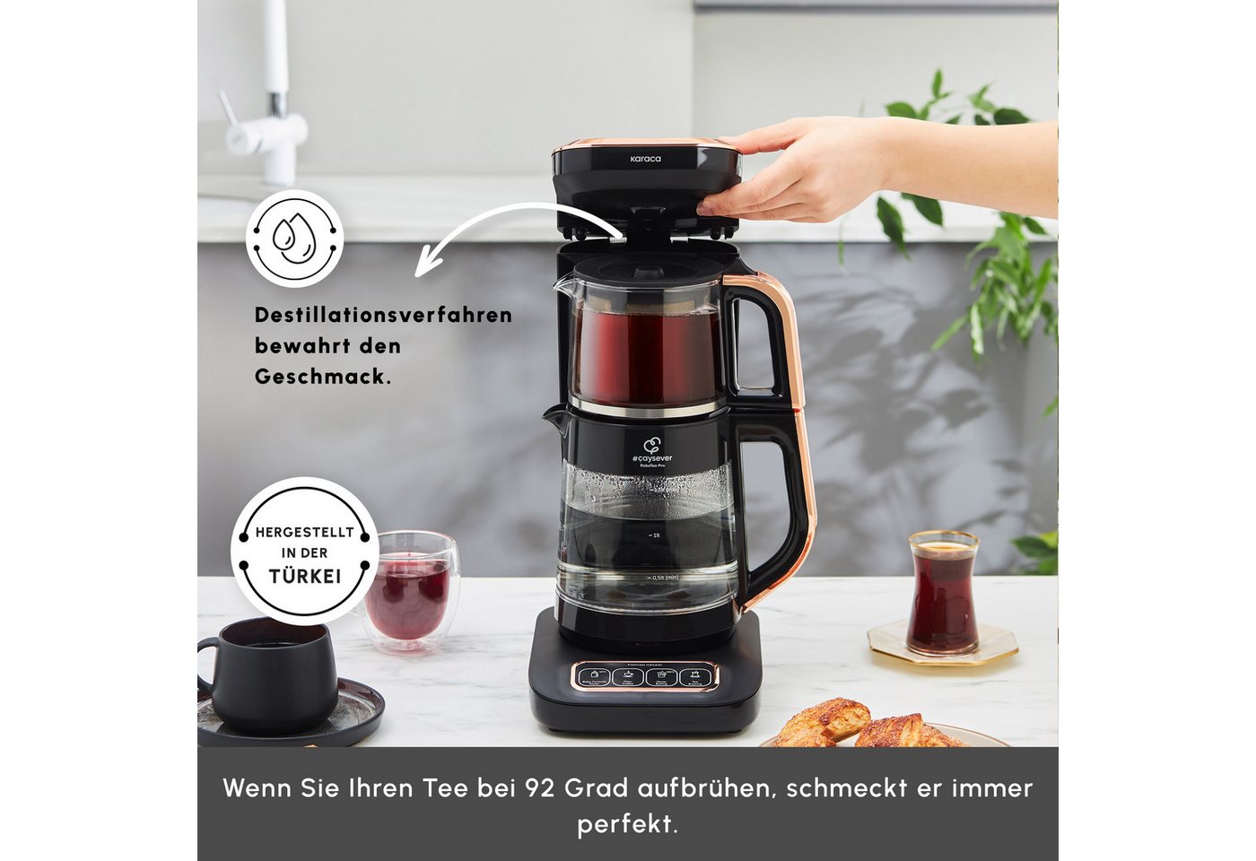 Karaca Wasserkocher Karaca Robotea Pro 4in1 Teekocher + Kaffeemaschine,Glas Schwarz Kupfer, 2500 W – Bild 3 von 5