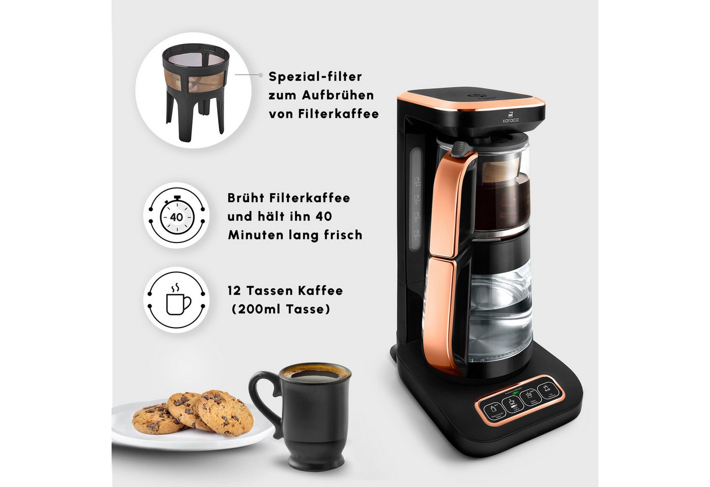 Karaca Wasserkocher Karaca Robotea Pro 4in1 Teekocher + Kaffeemaschine,Glas Schwarz Kupfer, 2500 W – Bild 5 von 5