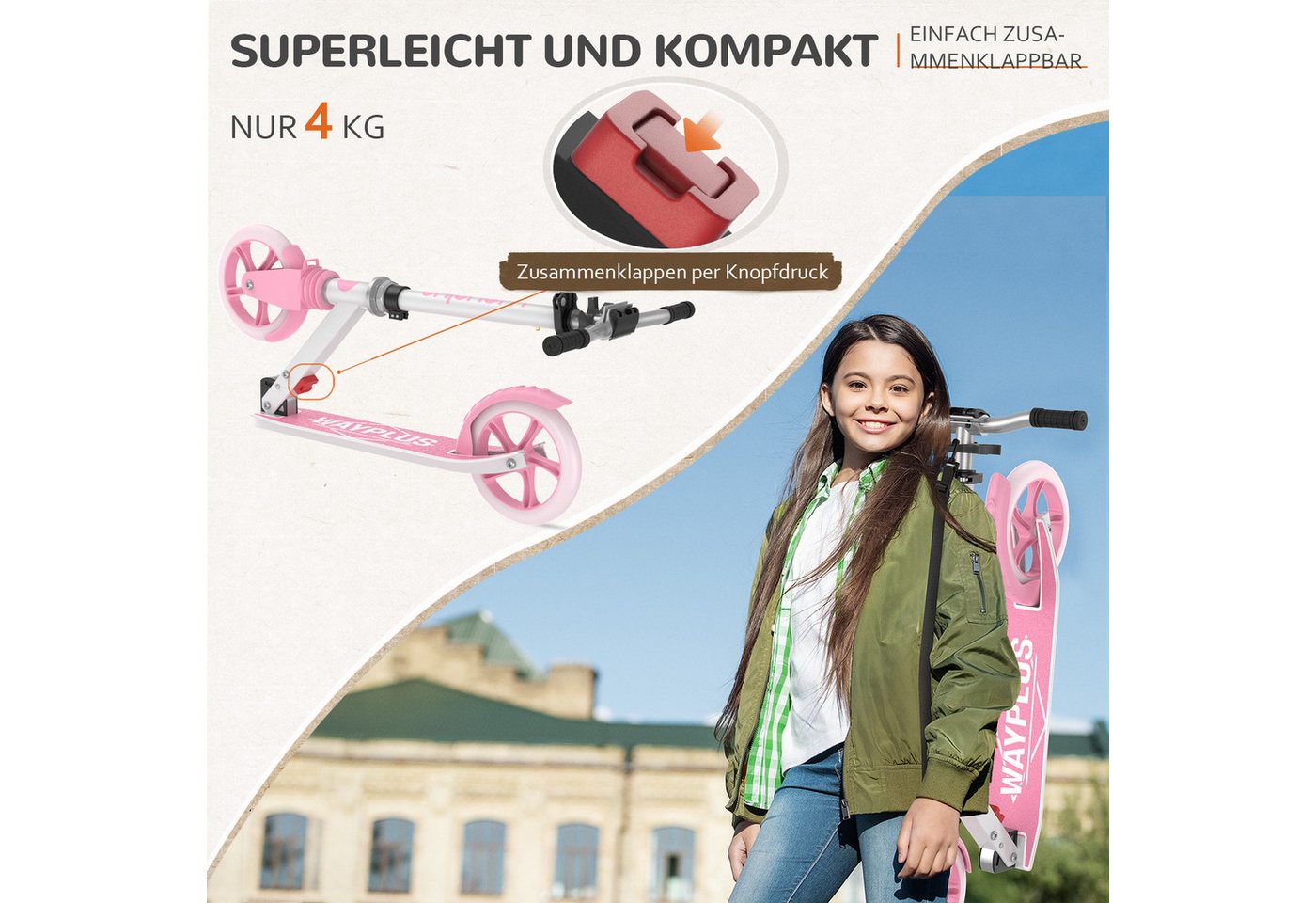 WAYPLUS Cityroller ab 6 Jahren, 108kg Belastbarkeit 205mm Räder ABEC9, (1 tlg), Klappbar Höhenverstellbar inkl. Tragegurt – Bild 2 von 5