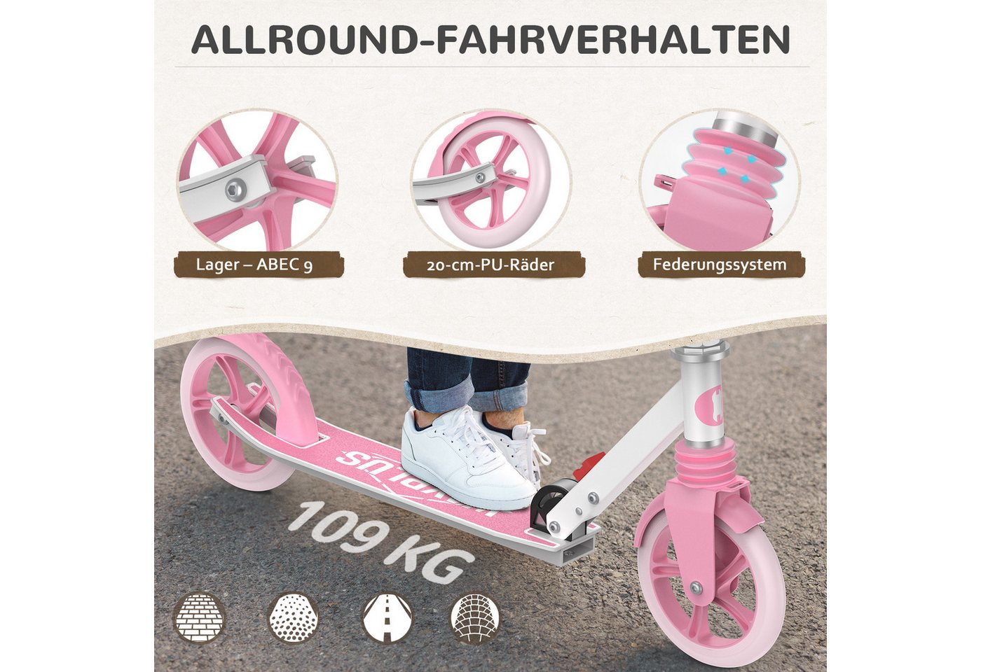 WAYPLUS Cityroller ab 6 Jahren, 108kg Belastbarkeit 205mm Räder ABEC9, (1 tlg), Klappbar Höhenverstellbar inkl. Tragegurt – Bild 3 von 5
