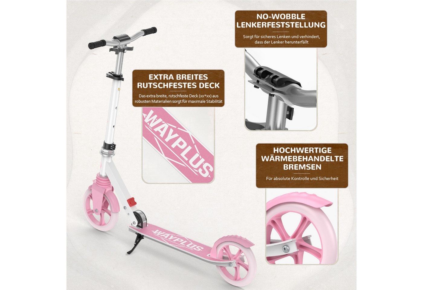 WAYPLUS Cityroller ab 6 Jahren, 108kg Belastbarkeit 205mm Räder ABEC9, (1 tlg), Klappbar Höhenverstellbar inkl. Tragegurt – Bild 4 von 5