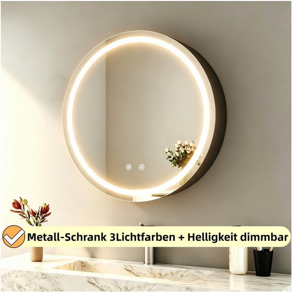 WDWRITTI Spiegelschrank Bad mit Beleuchtung Badezimmerspiegelschrank mit LED ∅80cm, ∅60cm (Wandschrank Badezimmer Rund 60x60cm 80x80cm, 3Lichtfarben, Dimmbar, A