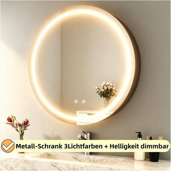 WDWRITTI Spiegelschrank Bad mit Beleuchtung Badezimmerspiegelschrank mit LED ∅80cm, ∅60cm (Wandschrank Badezimmer Rund 60x60cm 80x80cm, 3Lichtfarben, Dimmbar, A