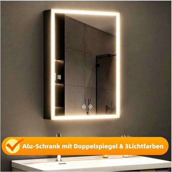 WDWRITTI Spiegelschrank Schwarz mit beleuchtung Hängeschrank 3Lichtfarben Dimmbar Anti-fog (Badezimmerspiegelschrank mit LED, Speicherfunktion, 1 türen 50x70cm,