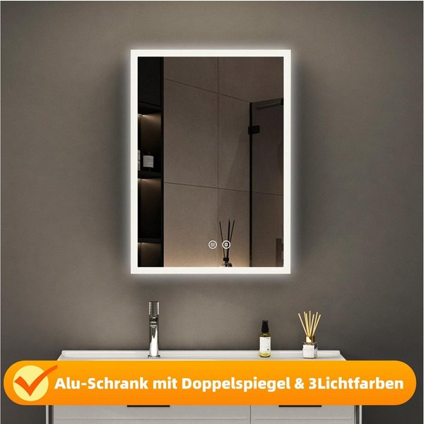 WDWRITTI Spiegelschrank Schwarz mit beleuchtung Hängeschrank 3Lichtfarben Dimmbar Anti-fog (Badezimmerspiegelschrank mit LED, Speicherfunktion, 1 türen 50x70cm,