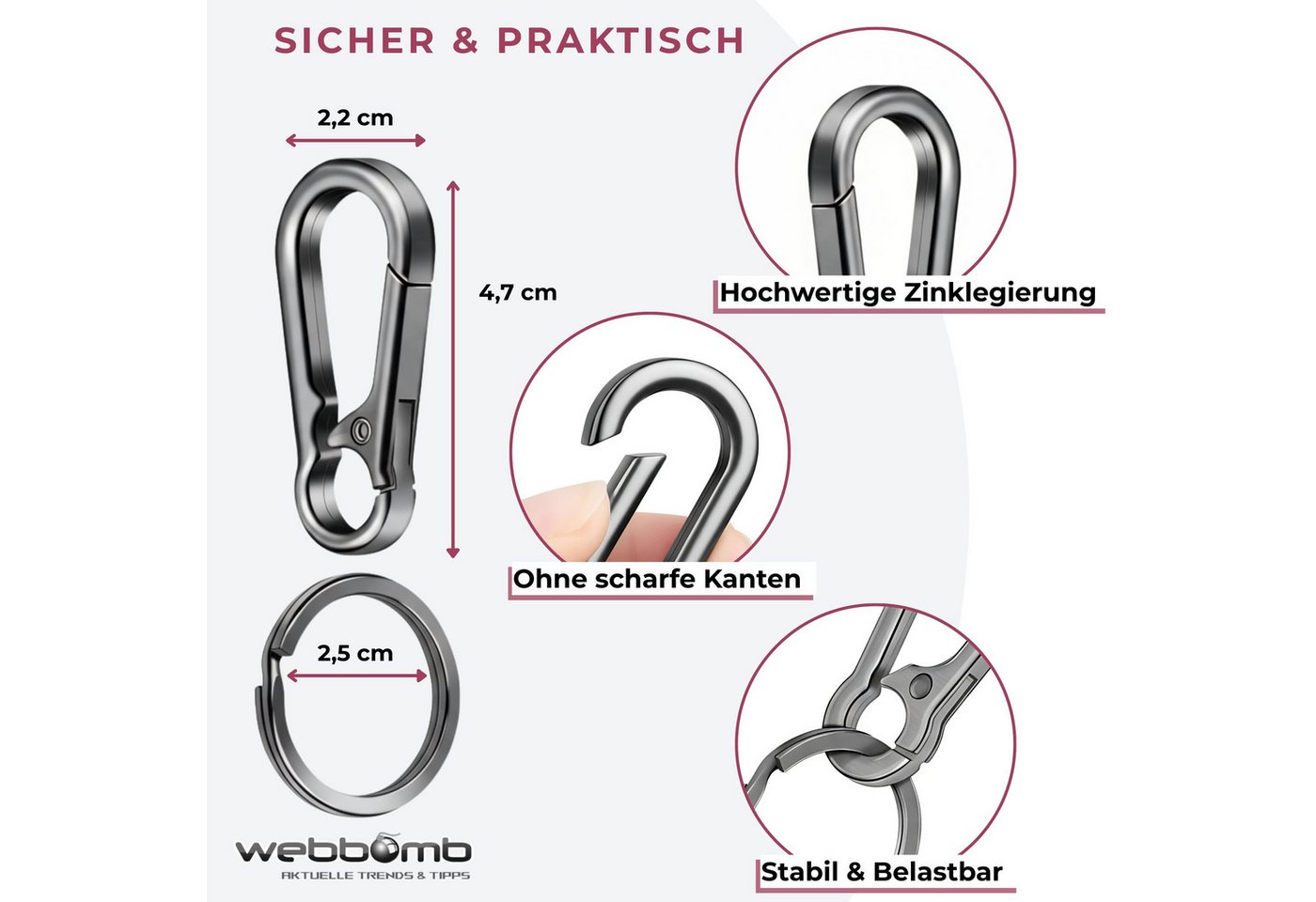 WEBBOMB Karabiner Schlüsselkarabiner robust 10 Schlüsselringe keychain Schlüsselanhänger – Bild 2 von 5
