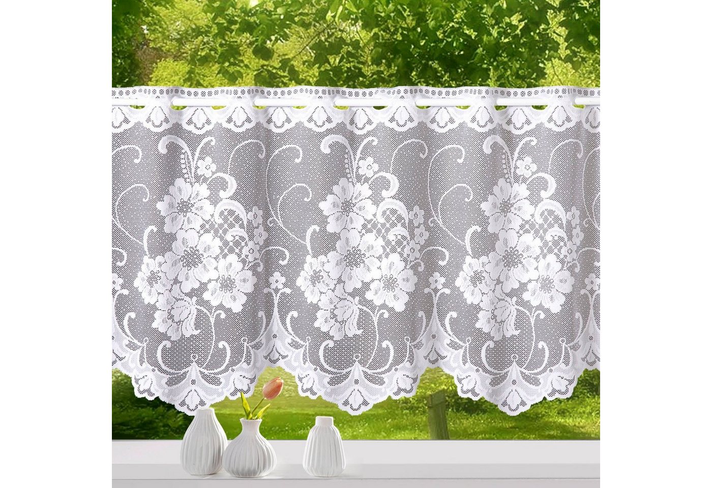 Weckbrodt Scheibengardine Mantua (1 St), Stangendurchzug, halbtransparent, Jacquard, Bistro, Jacquard, strukturiert, floral, geblümt, Gardine, Store – Bild 4 von 5