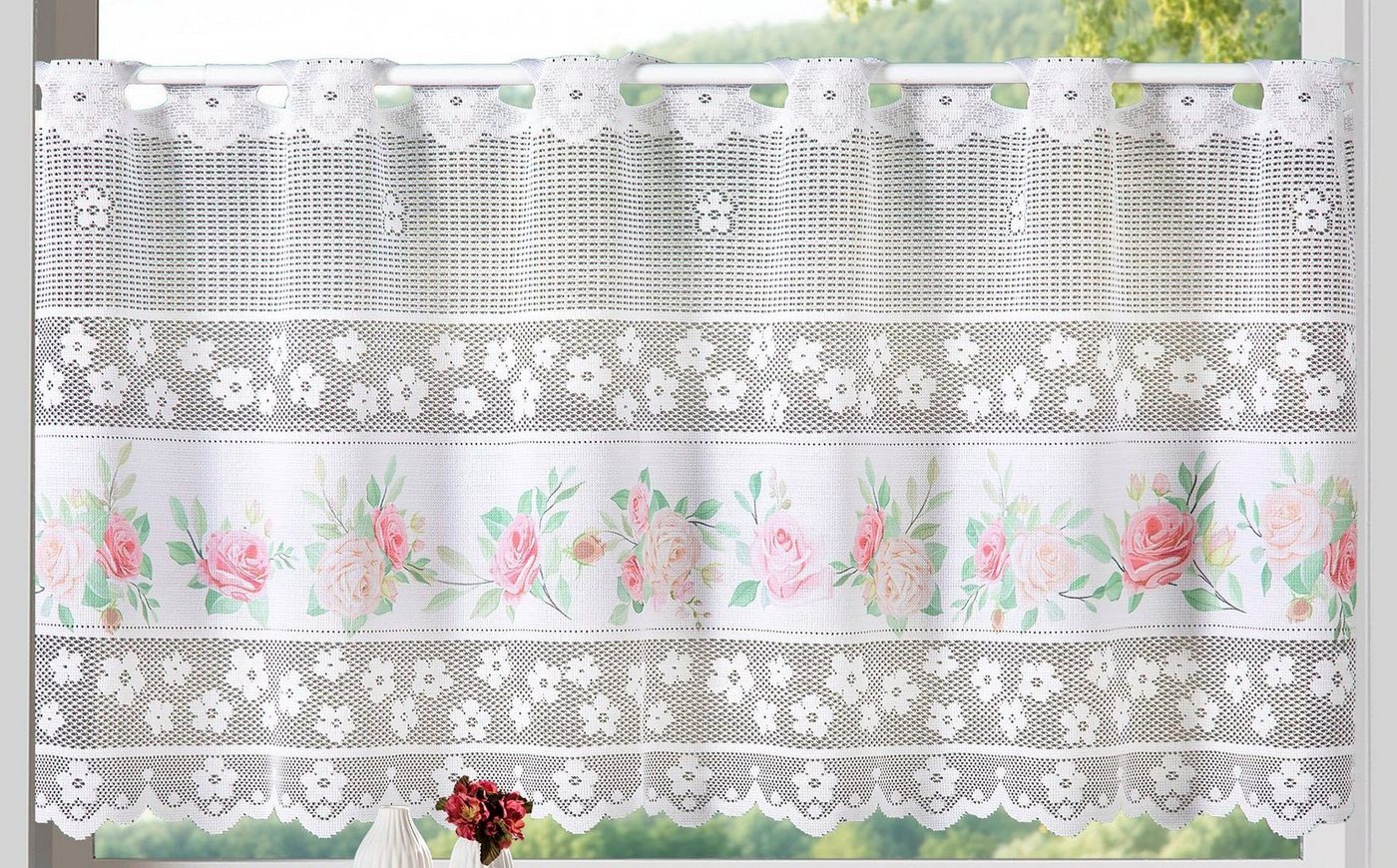 Weckbrodt Scheibengardine Rosen (1 St), Stangendurchzug, transparent, Jacquard, Bistro, Jacquard, floral, Bordüre, HxB 45x145cm, Gardine, Store – Bild 2 von 3