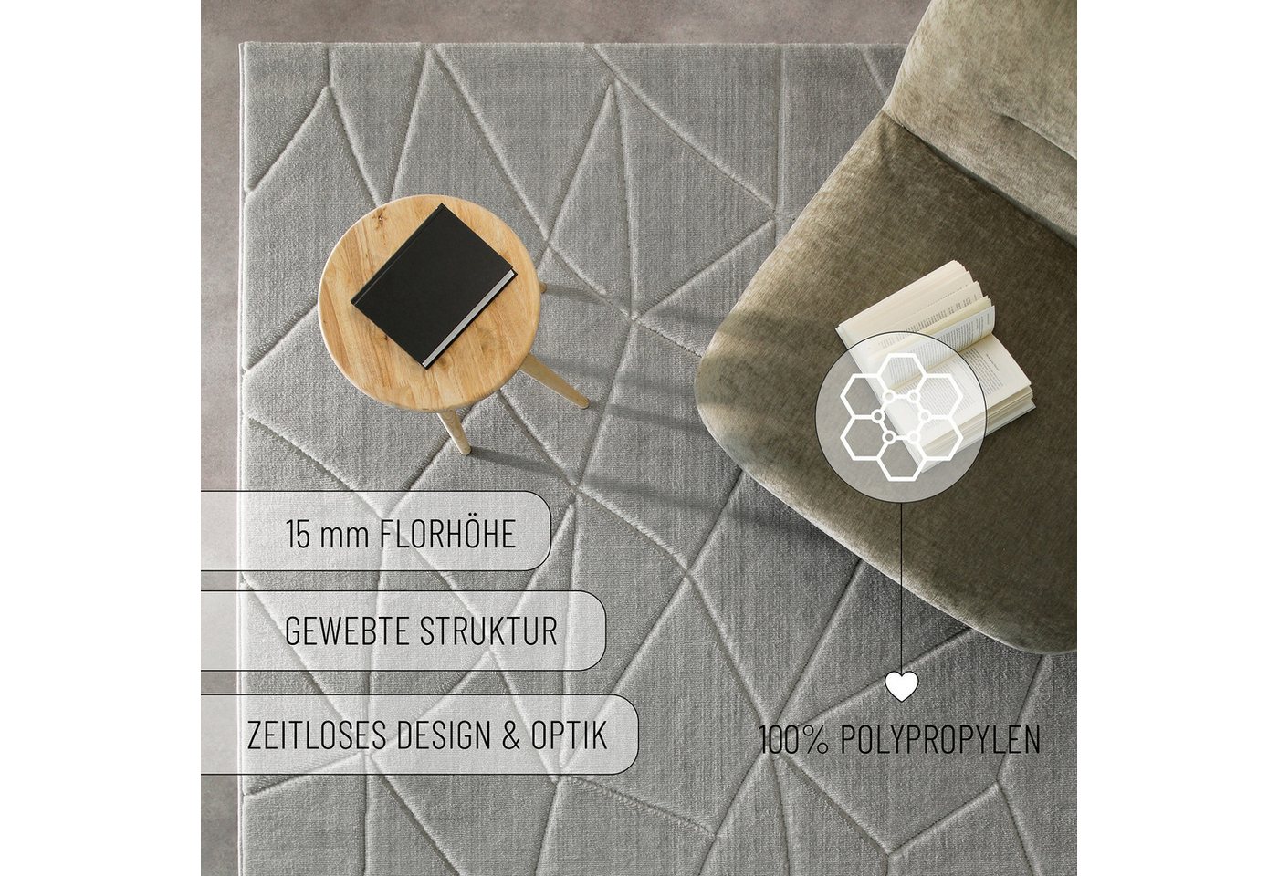 Wecon home Teppich Unplugged, auch in quadratischer Form, rechteckig, Höhe: 10 mm, Kurzflor, Hoch Tief Struktur, gewebt, Wohnzimmer, Schlafzimmer, modern – Bild 5 von 5