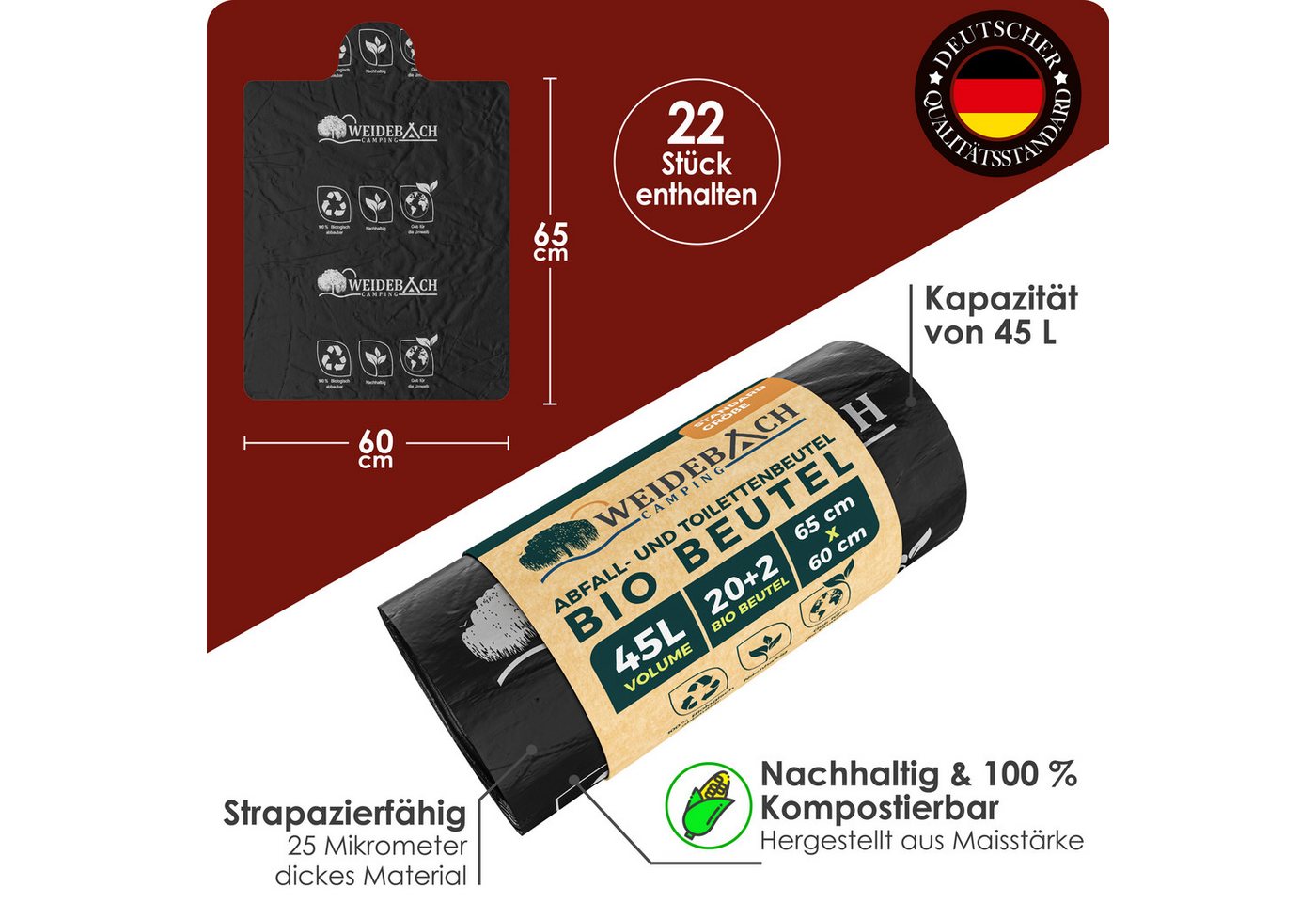 WEIDEBACH Campingtoilette Bio Campingtoilettenbeutel 45L wasserdicht für Campingtoilette, (22-St) – Bild 2 von 5
