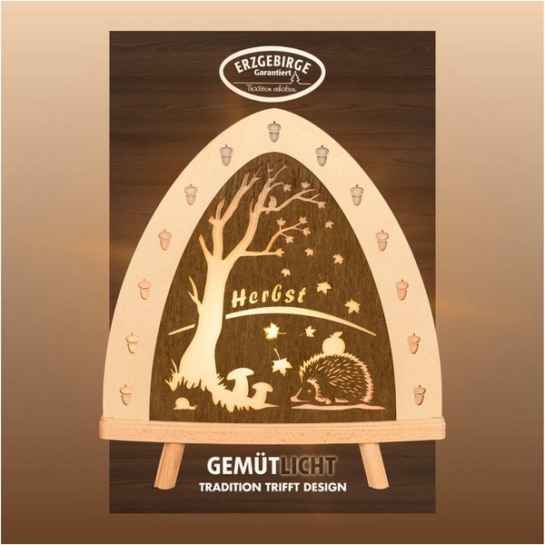 Weigla LED Dekolicht Herbst, Tischleuchte aus Holz, NATUR-BRAUN, Made in Germany, LED wechselbar, Erzgebirge garantiert, Herbstdeko innen, Tischlampe