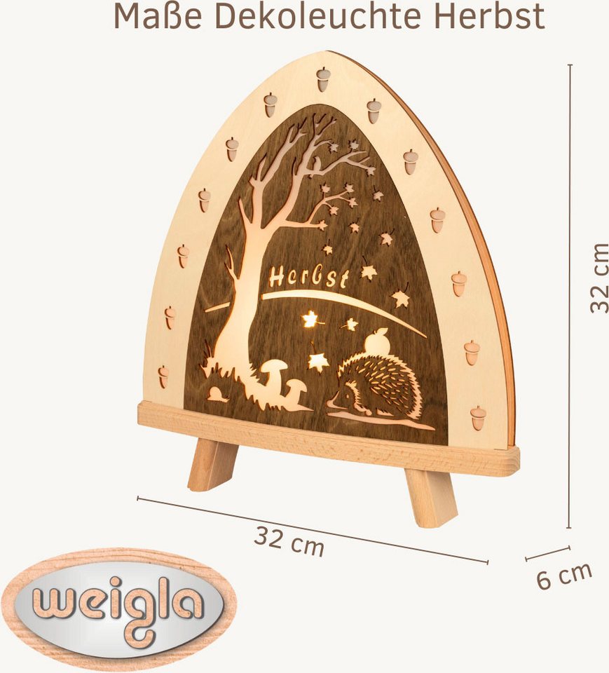 Weigla LED Dekolicht Herbst, Tischleuchte aus Holz, NATUR-BRAUN, Made in Germany, LED wechselbar, Erzgebirge garantiert, Herbstdeko innen, Tischlampe – Bild 2 von 4