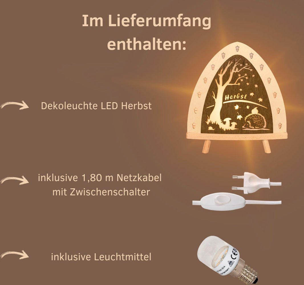 Weigla LED Dekolicht Herbst, Tischleuchte aus Holz, NATUR-BRAUN, Made in Germany, LED wechselbar, Erzgebirge garantiert, Herbstdeko innen, Tischlampe – Bild 3 von 4