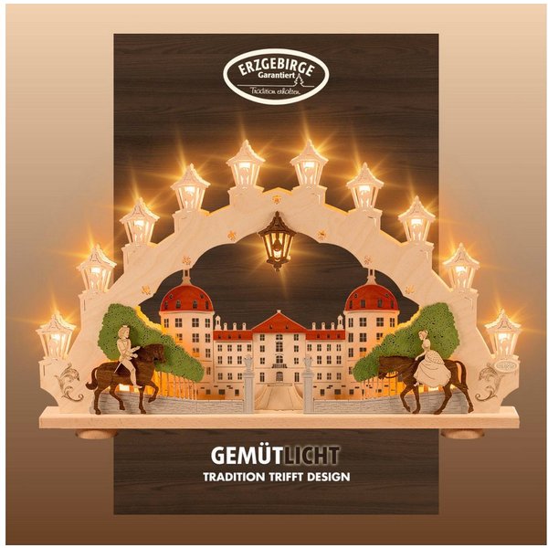 Weigla LED Schwibbogen Moritzburg, Lichterbogen aus Holz, Made in Germany (1-tlg), Erzgebirge garantiert, Weihnachtsdeko Innen, Weihnachtsbeleuchtung
