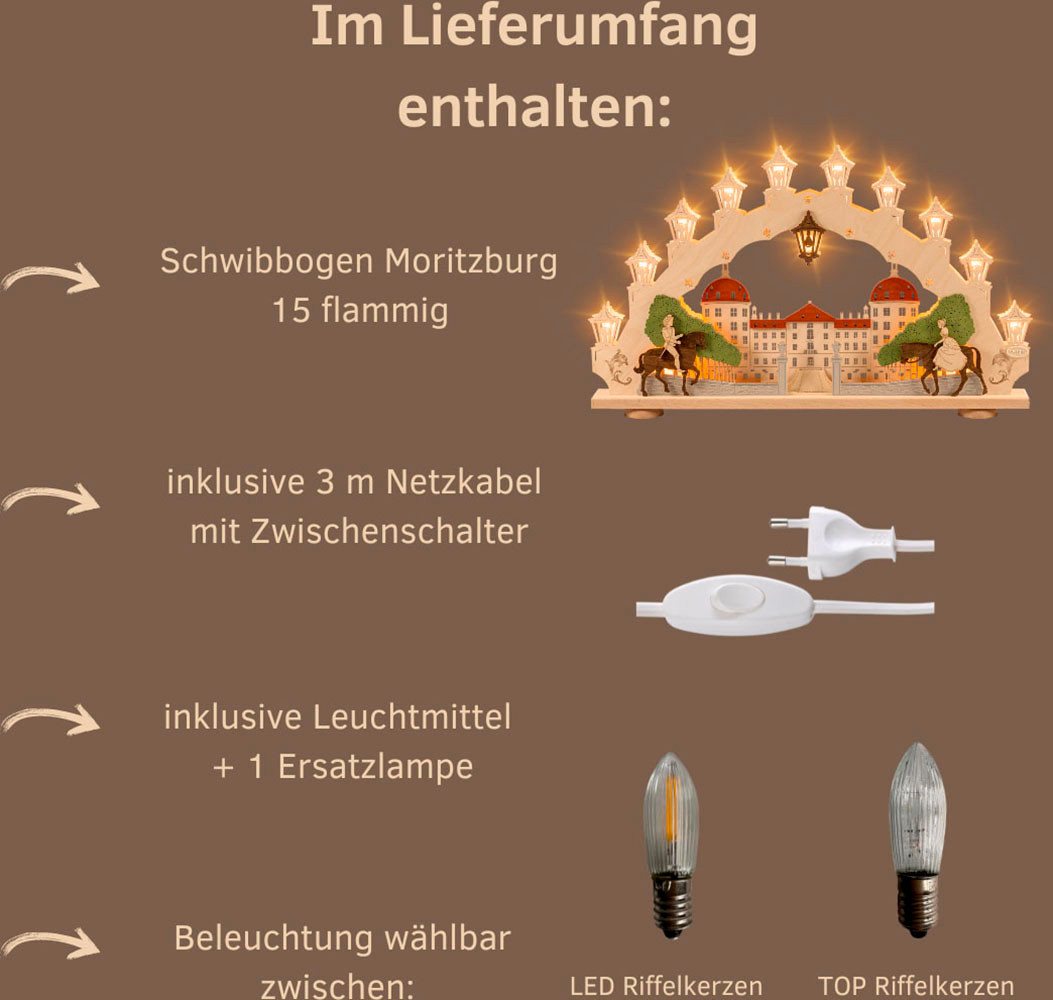 Weigla LED Schwibbogen Moritzburg, Lichterbogen aus Holz, Made in Germany (1-tlg), Erzgebirge garantiert, Weihnachtsdeko Innen, Weihnachtsbeleuchtung – Bild 3 von 5