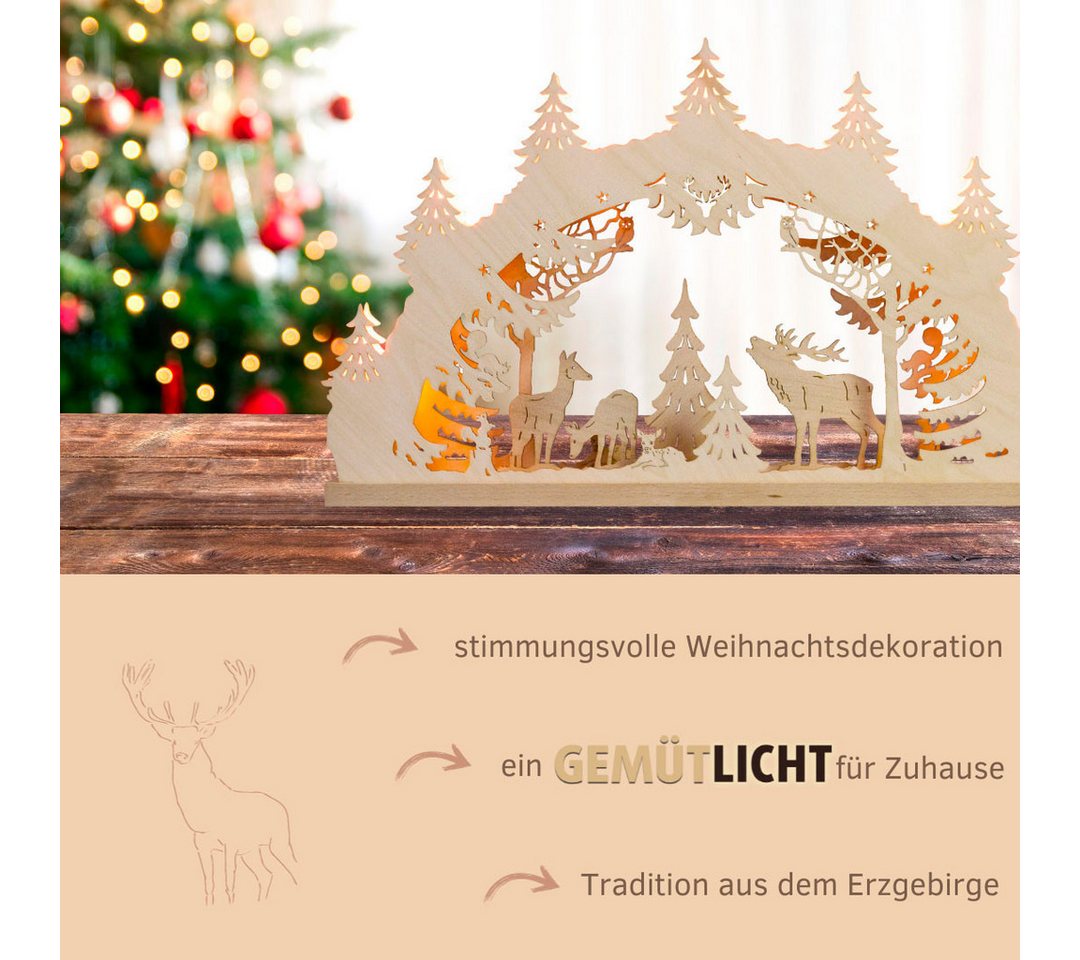 Weigla Schwibbogen Hirschfamilie, Lichterbogen aus Holz, NATUR, Made in Germany (1-tlg), Erzgebirge garantiert, Weihnachtsdeko Innen, Weihnachtsbeleuchtung – Bild 4 von 5