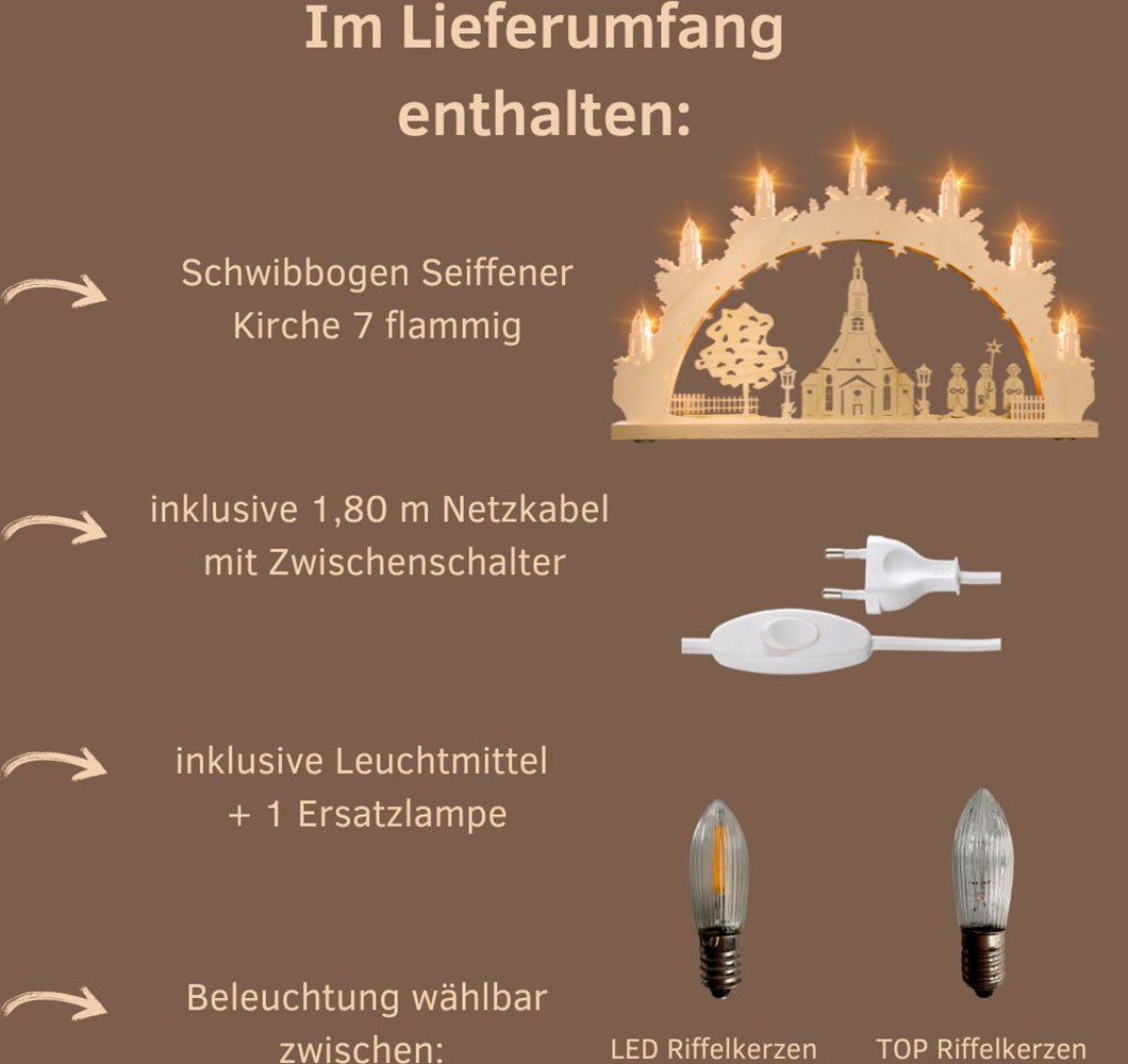 Weigla Schwibbogen Seiffener Kirche, Lichterbogen aus Holz, NATUR, Made in Germany (1-tlg), Erzgebirge garantiert, Weihnachtsdeko Innen, Weihnachtsbeleuchtung – Bild 3 von 5