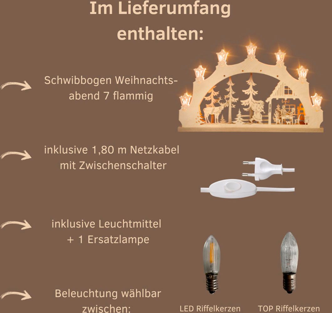 Weigla Schwibbogen Weihnachtsabend, Lichterbogen aus Holz, NATUR, Made in Germany (1-tlg), Erzgebirge garantiert, Weihnachtsdeko Innen, Weihnachtsbeleuchtung – Bild 3 von 5