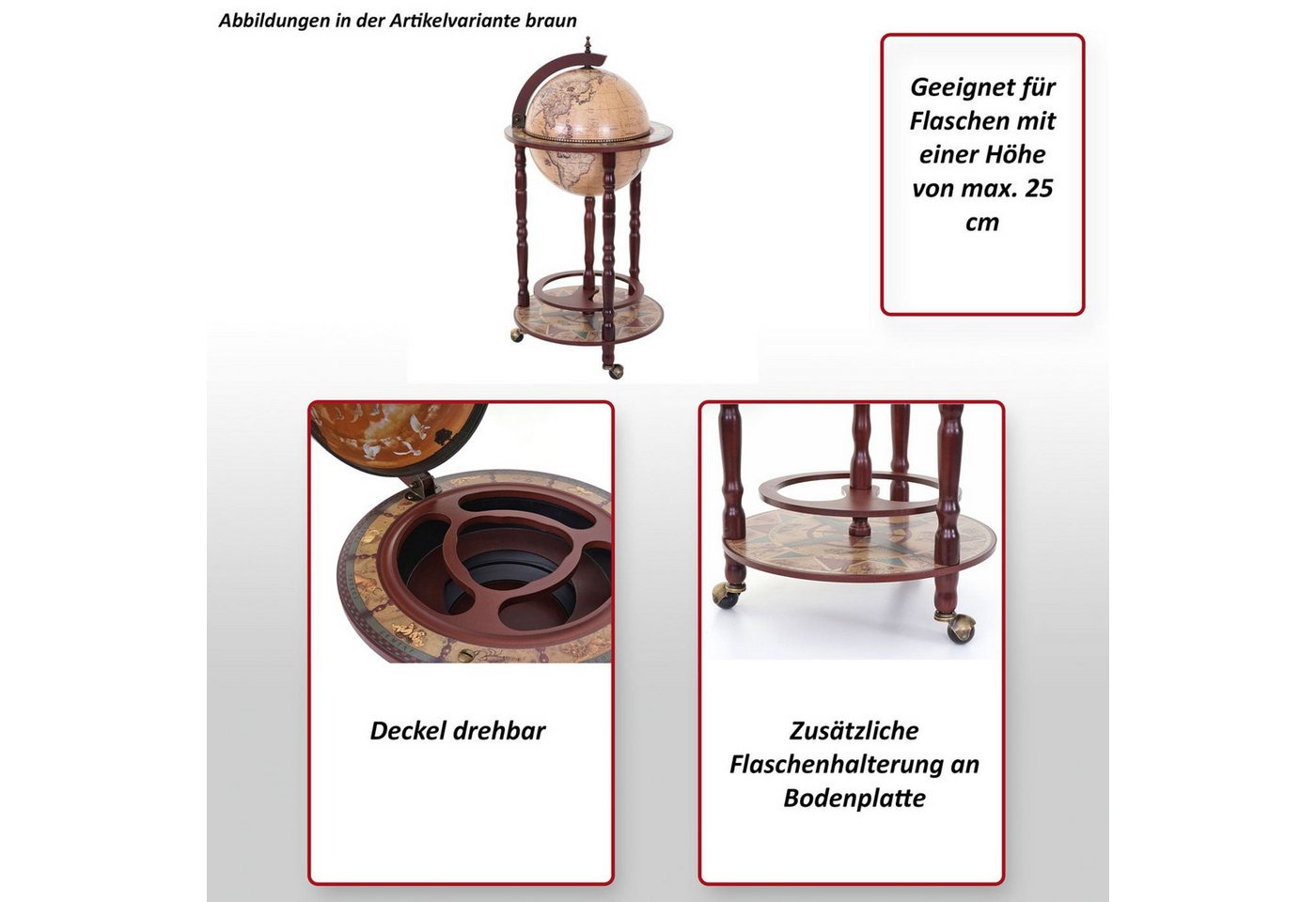 MCW Weinregal Globusbar MCW-D83, Deckel drehbar, Gemälde auf der Innenseite, Inkl. Flaschenhalterung – Bild 4 von 5