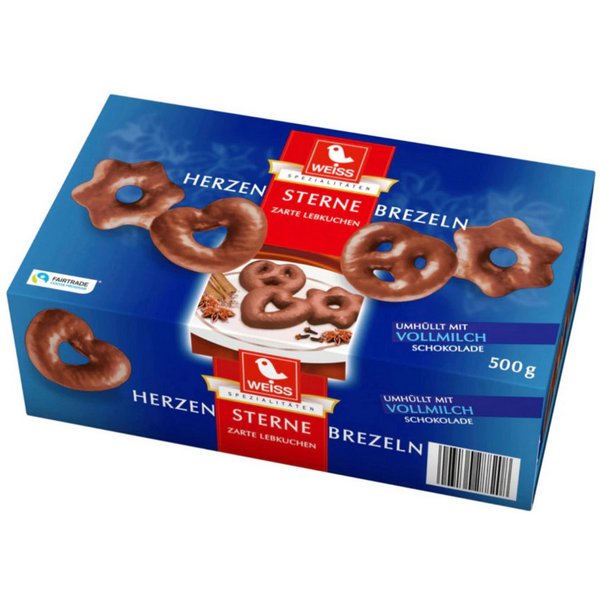 WEISS Süßigkeit, Weiss Herzen Sterne Brezeln Lebkuchen mit Vollmilchschokolade 500g