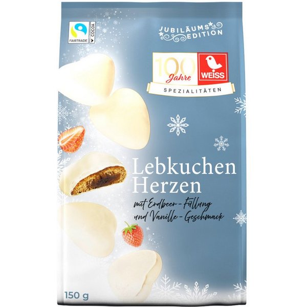 WEISS Süßigkeit, Weiss Gefüllte Lebkuchen-Herzen Weiss Erdbeer-Vanille Packung 150g