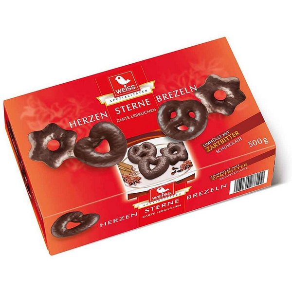 WEISS Süßigkeit, Weiss Lebkuchen Herzen Sterne Brezeln mit Zartbitterschokolade 500g