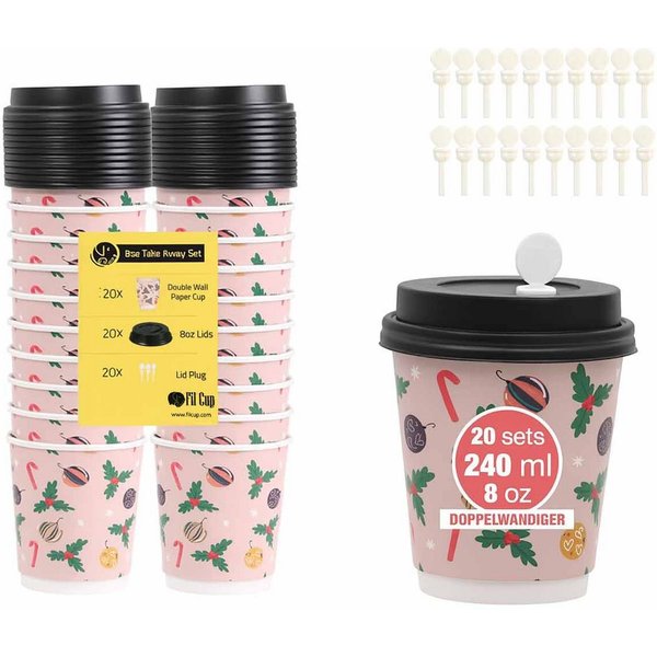 Weit & Breit Handelsgesellschaft mbH Coffee-to-go-Becher Kaffeebecher 20er Set pink Auslaufsicher Doppelwandig, Pappe (Becher), PS (Deckel), Doppelwandiges Desi