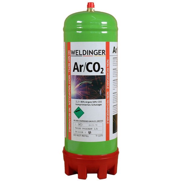 WELDINGER Gas Mischgas Einwegflasche 2,0 Liter, 20 % Co² + 80 % Argon, MAG-Schweißen