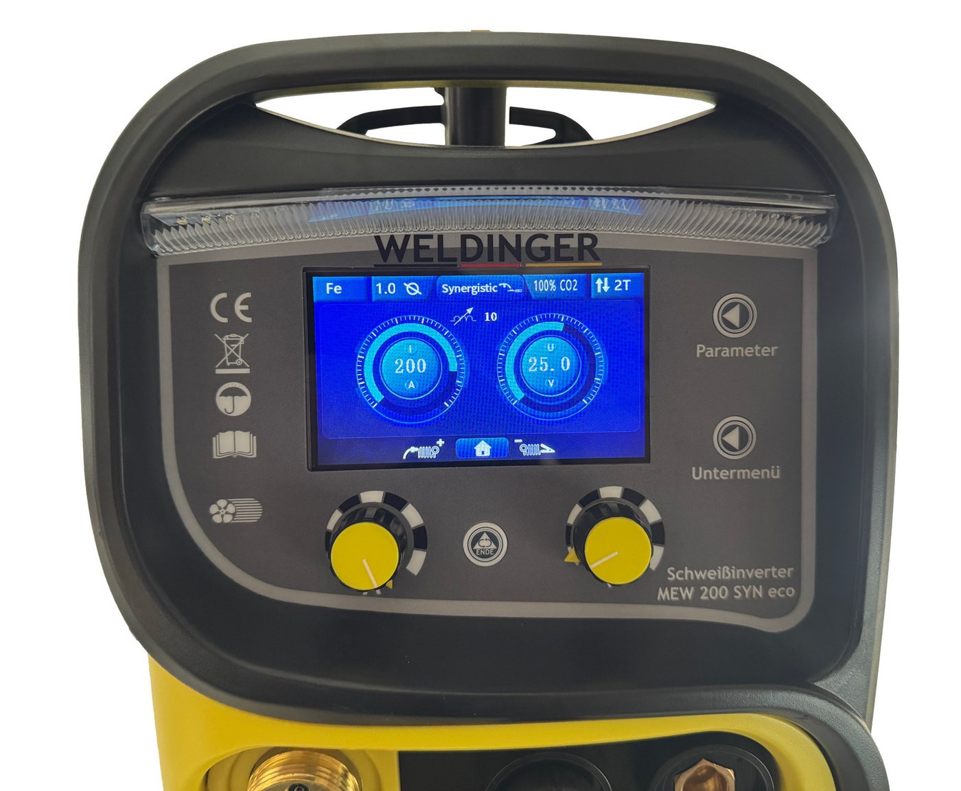 WELDINGER Schutzgasschweißgerät Set MIG/MAG-Schweißinverter MEW 200 SYN eco MAG-Set 1 Fülldraht 0,8 mm, 10 - 200 A, 7-tlg., Umpolfunktion, Displaybeleuchtung – Bild 4 von 5