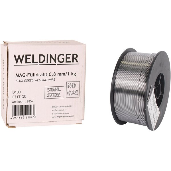 WELDINGER Schweißdraht Fülldraht Stahl 0,8 mm 1 kg D100, (1St), NoGas, Flux, Baustahl schweißen