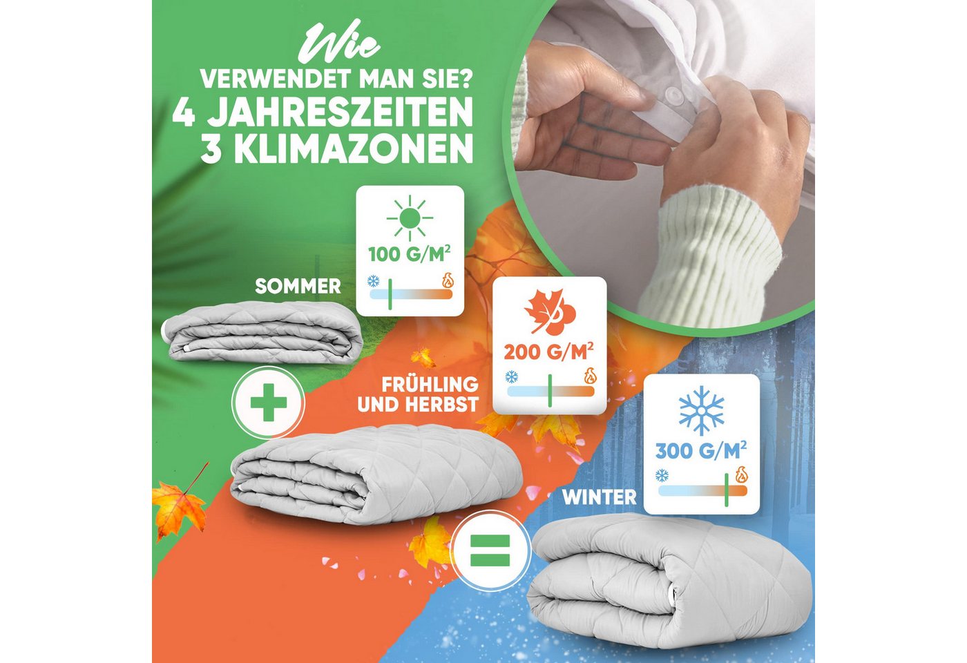 Welldora 4-Jahreszeitenbett, Allergiker Bettdecke Fachärztlich getestet mit Druckknöpfen – Bild 3 von 5