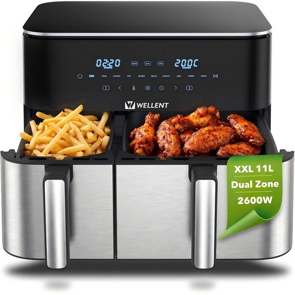 WELLENT Heißluftfritteuse DUAF-LR1-001, 2600 W, 2 kammern,XXL Airfryer,10-in-1 LED-Touchscreen,energie-&zeitsparend