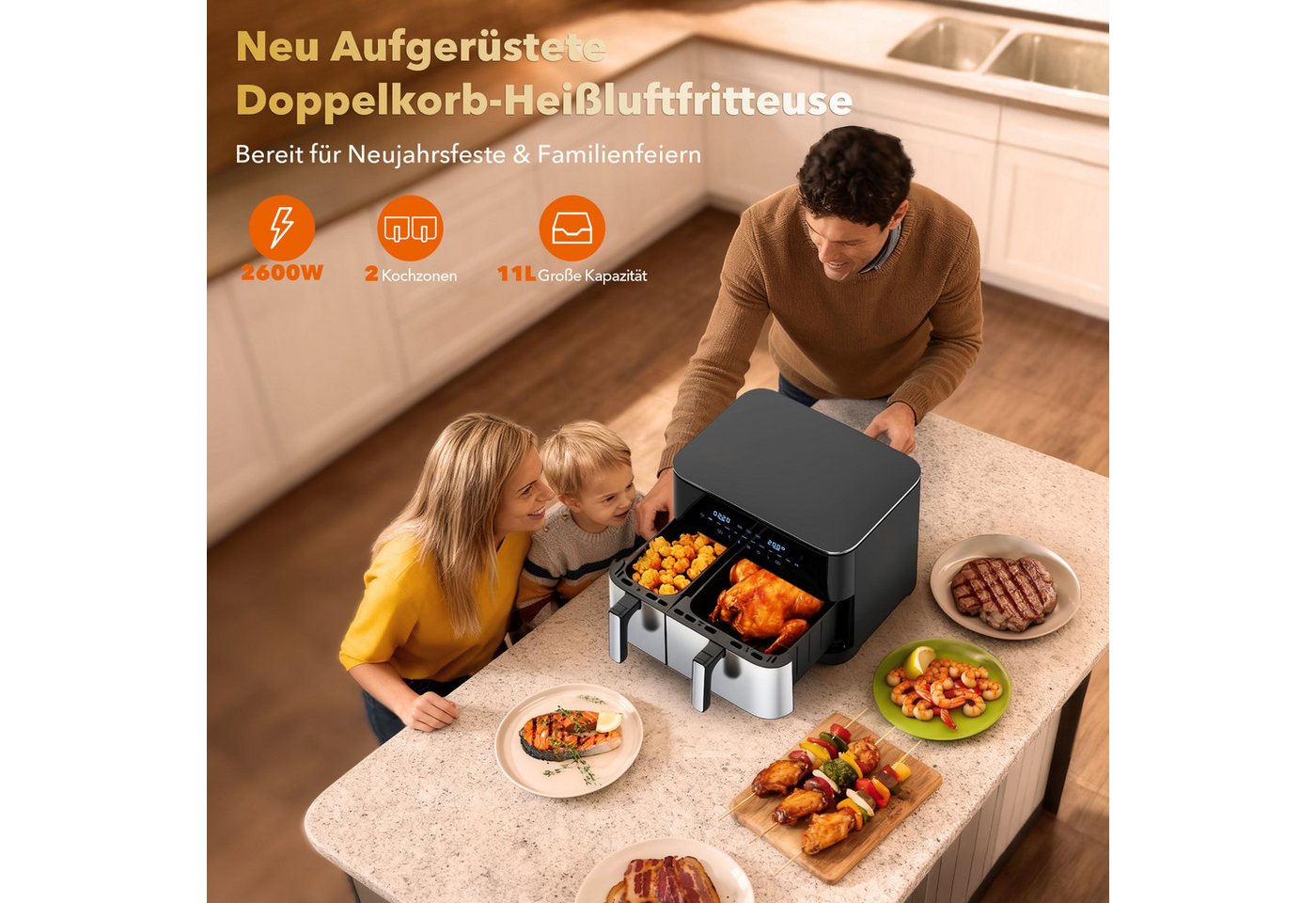 WELLENT Heißluftfritteuse DUAF-LR1-001, 2600 W, 2 kammern,XXL Airfryer,10-in-1 LED-Touchscreen,energie-&zeitsparend – Bild 2 von 5