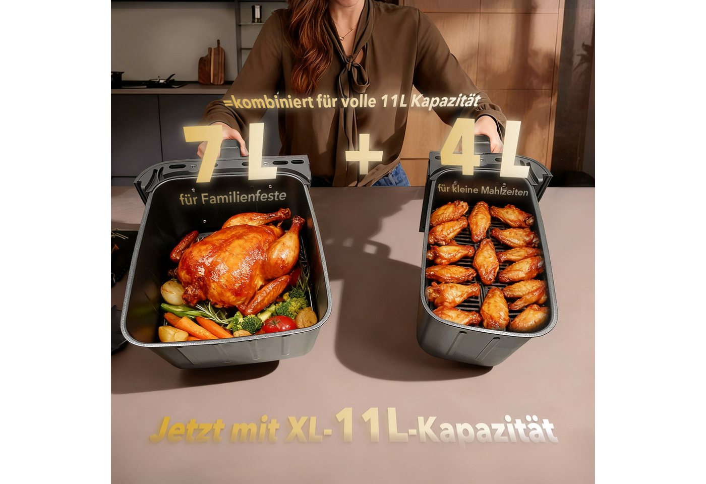 WELLENT Heißluftfritteuse DUAF-LR1-001, 2600 W, 2 kammern,XXL Airfryer,10-in-1 LED-Touchscreen,energie-&zeitsparend – Bild 3 von 5