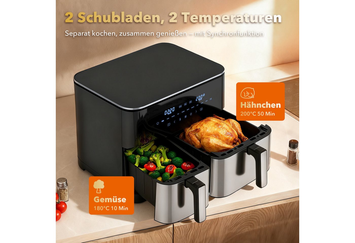 WELLENT Heißluftfritteuse DUAF-LR1-001, 2600 W, 2 kammern,XXL Airfryer,10-in-1 LED-Touchscreen,energie-&zeitsparend – Bild 4 von 5