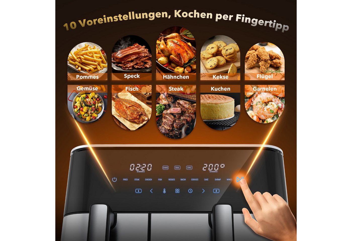 WELLENT Heißluftfritteuse DUAF-LR1-001, 2600 W, 2 kammern,XXL Airfryer,10-in-1 LED-Touchscreen,energie-&zeitsparend – Bild 5 von 5