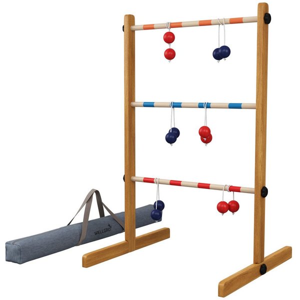 Wellgro Leitergolf aus Holz, Wurfspiel, Aufbewahrungstasche Spielbausteine