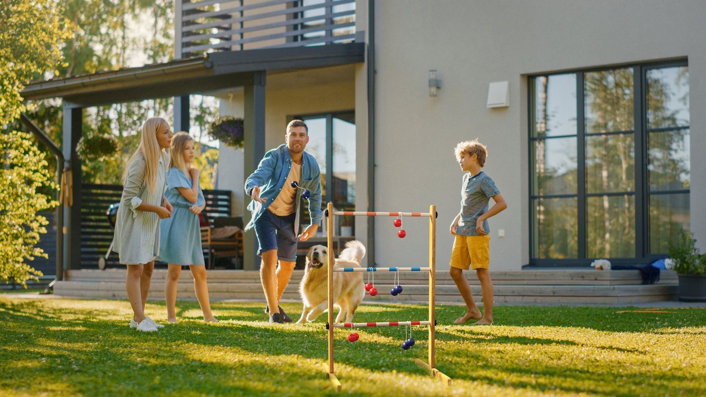 Wellgro Leitergolf aus Holz, Wurfspiel, Aufbewahrungstasche Spielbausteine – Bild 4 von 5