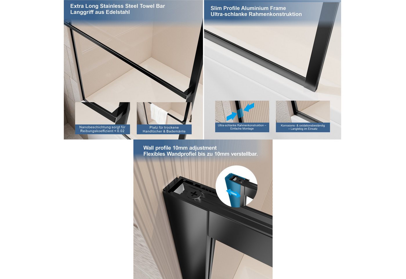 welltime Badewannenaufsatz Block, Einscheibensicherheitsglas, (1 tlg), 6mm ESG und Antikalkversiegelung,extra schlanker Rahmen – Bild 3 von 5