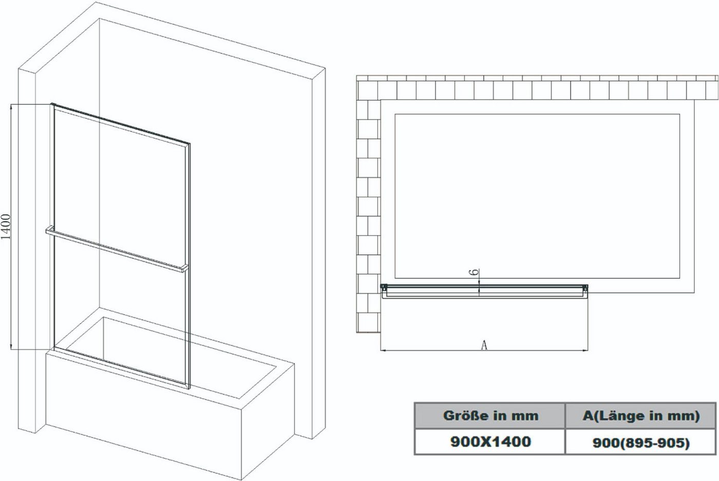 welltime Badewannenaufsatz Block, Einscheibensicherheitsglas, (1 tlg), 6mm ESG und Antikalkversiegelung,extra schlanker Rahmen – Bild 5 von 5